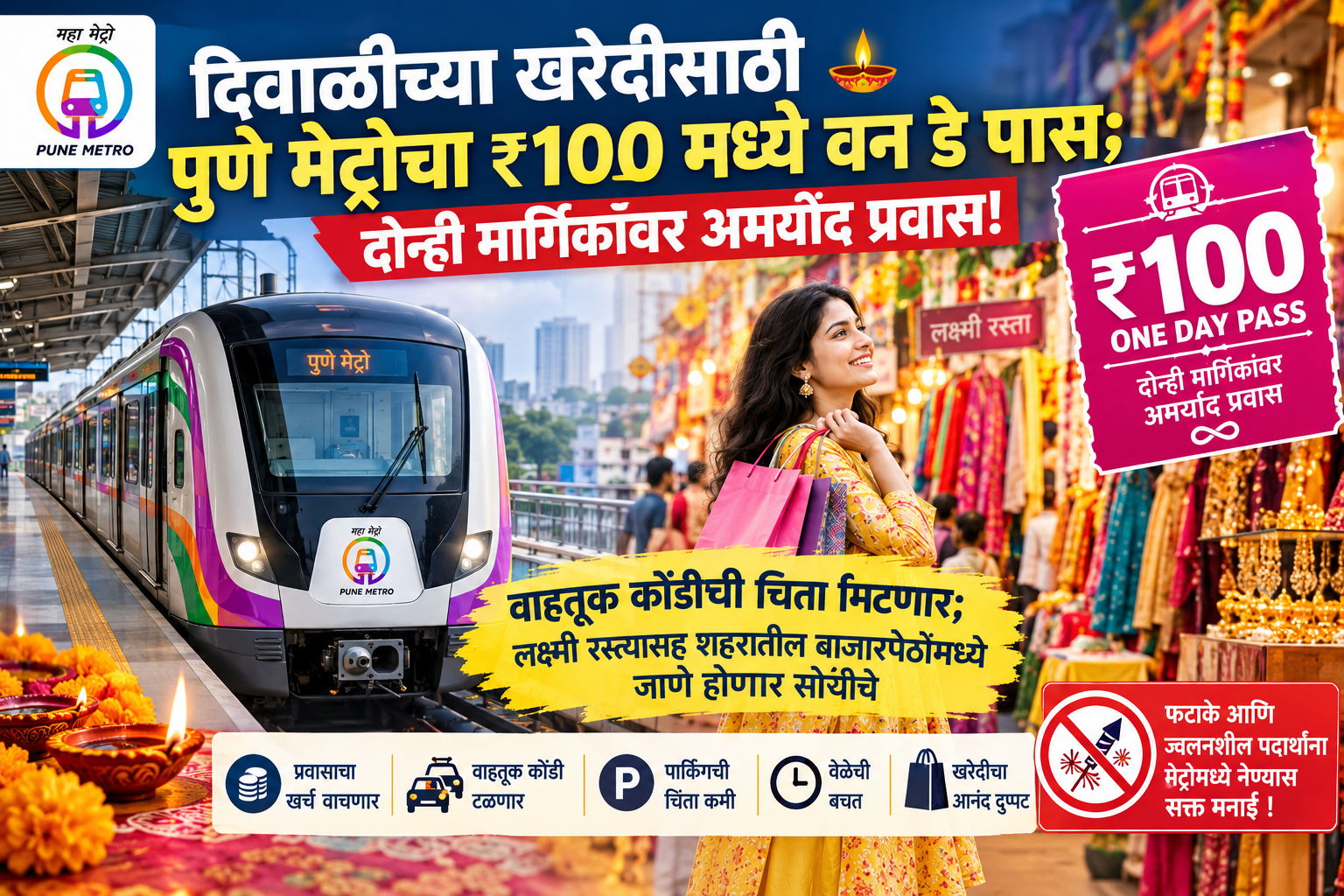 दिवाळीच्या खरेदीसाठी पुणे मेट्रोचा ₹१०० मध्ये वन डे पास; दोन्ही मार्गिकांवर अमर्याद प्रवास!